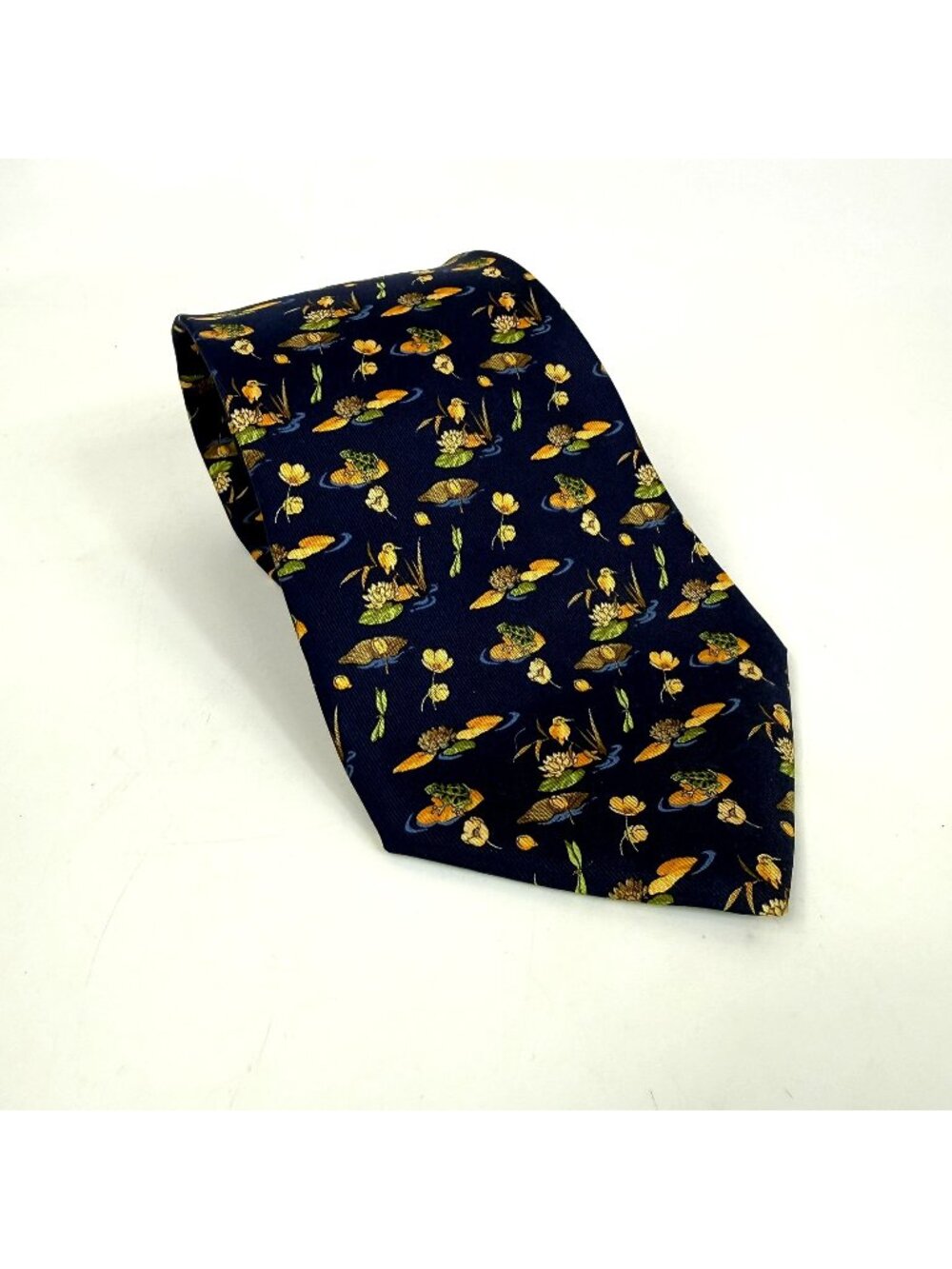 Salvatore Ferragamo Navy Blue 100% Silk Tie Yellow Frog Water Lily Pad